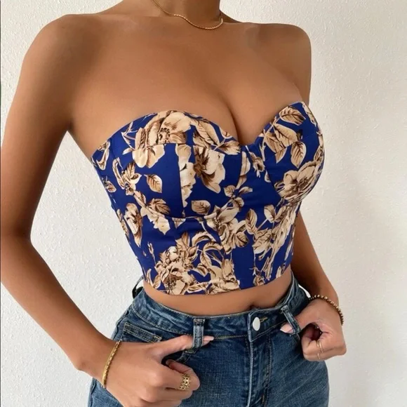 Boho blue floral print lace up back satin bustier corset tube top - Picture 16 of 16